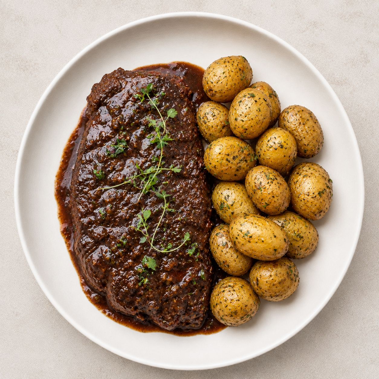 Bife de chorizo al malbec con papines a la provenzal